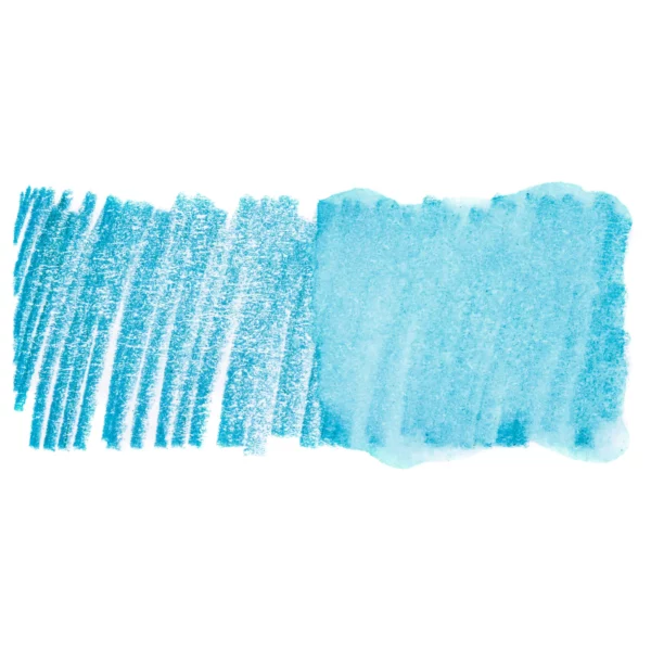 A swatch of a Malibu Derwent Inktense Colour Pencil can be seen horizontally, across the center of the frame. On a white background.