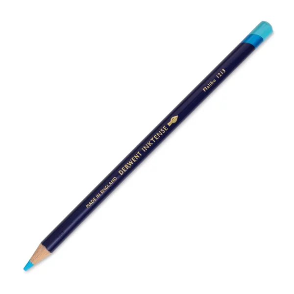 A single Malibu Derwent Inktense Colour Pencil is shown diagonally across the center of the frame. The pencil is pointing with it's lead facing towards the bottom left hand corner. The barrel of the pencil is blue and the end of the pencil is colour dipped to match the colour of the lead for easy identification. There is text down the barrel of the pencil with the colour name and brand name. On a white background.