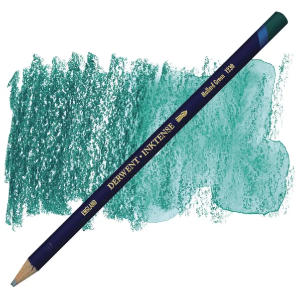 A single Mallard Green Derwent Inktense Colour Pencil is shown diagonally across the center of the frame. The pencil is pointing with it's lead facing towards the bottom left hand corner. The barrel of the pencil is blue and the end of the pencil is colour dipped to match the colour of the lead for easy identification. There is text down the barrel of the pencil with the colour name and brand name. There is a colour swatch of the pencil in the background, that runs horizontally across the center of the frame. The image is center of the frame and on a white background.