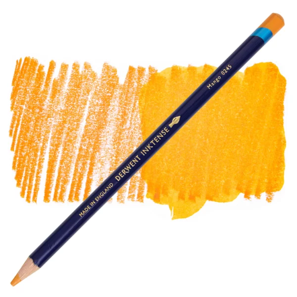 A single Mango Derwent Inktense Colour Pencil is shown diagonally across the center of the frame. The pencil is pointing with it's lead facing towards the bottom left hand corner. The barrel of the pencil is blue and the end of the pencil is colour dipped to match the colour of the lead for easy identification. There is text down the barrel of the pencil with the colour name and brand name. There is a colour swatch of the pencil in the background, that runs horizontally across the center of the frame. The image is center of the frame and on a white background.