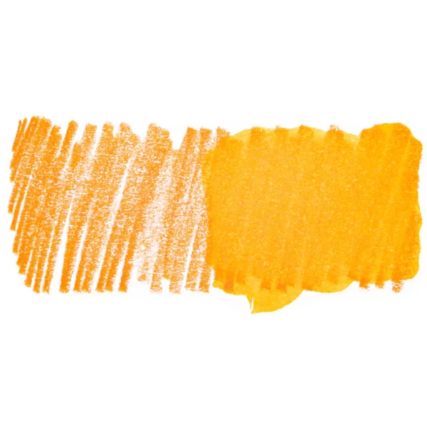 A swatch of a Mango Derwent Inktense Colour Pencil can be seen horizontally, across the center of the frame. On a white background.