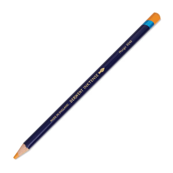 A single Mango Derwent Inktense Colour Pencil is shown diagonally across the center of the frame. The pencil is pointing with it's lead facing towards the bottom left hand corner. The barrel of the pencil is blue and the end of the pencil is colour dipped to match the colour of the lead for easy identification. There is text down the barrel of the pencil with the colour name and brand name. On a white background.