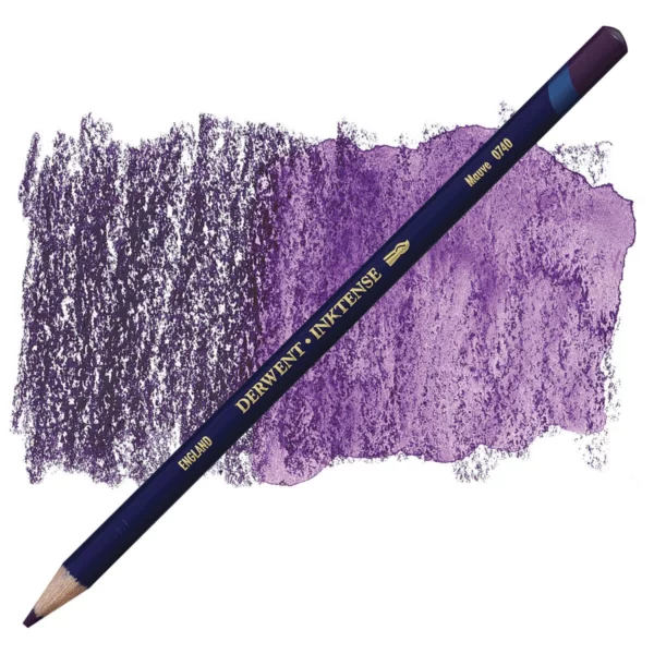 A single Mauve Derwent Inktense Colour Pencil is shown diagonally across the center of the frame. The pencil is pointing with it's lead facing towards the bottom left hand corner. The barrel of the pencil is blue and the end of the pencil is colour dipped to match the colour of the lead for easy identification. There is text down the barrel of the pencil with the colour name and brand name. There is a colour swatch of the pencil in the background, that runs horizontally across the center of the frame. The image is center of the frame and on a white background.