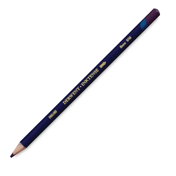 A single Mauve Derwent Inktense Colour Pencil is shown diagonally across the center of the frame. The pencil is pointing with it's lead facing towards the bottom left hand corner. The barrel of the pencil is blue and the end of the pencil is colour dipped to match the colour of the lead for easy identification. There is text down the barrel of the pencil with the colour name and brand name. On a white background.