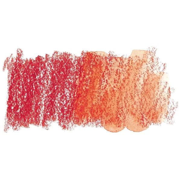 A swatch of a Mid Vermilion Derwent Inktense Colour Pencil can be seen horizontally, across the center of the frame. On a white background.