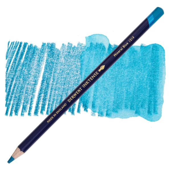 A single Mineral Blue Derwent Inktense Colour Pencil is shown diagonally across the center of the frame. The pencil is pointing with it's lead facing towards the bottom left hand corner. The barrel of the pencil is blue and the end of the pencil is colour dipped to match the colour of the lead for easy identification. There is text down the barrel of the pencil with the colour name and brand name. There is a colour swatch of the pencil in the background, that runs horizontally across the center of the frame. The image is center of the frame and on a white background.