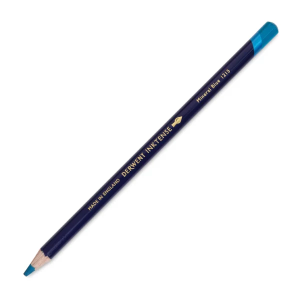 A single Mineral Blue Derwent Inktense Colour Pencil is shown diagonally across the center of the frame. The pencil is pointing with it's lead facing towards the bottom left hand corner. The barrel of the pencil is blue and the end of the pencil is colour dipped to match the colour of the lead for easy identification. There is text down the barrel of the pencil with the colour name and brand name. On a white background.