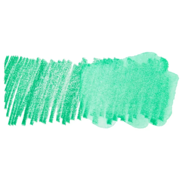 A swatch of a Mint Leaf Derwent Inktense Colour Pencil can be seen horizontally, across the center of the frame. On a white background.