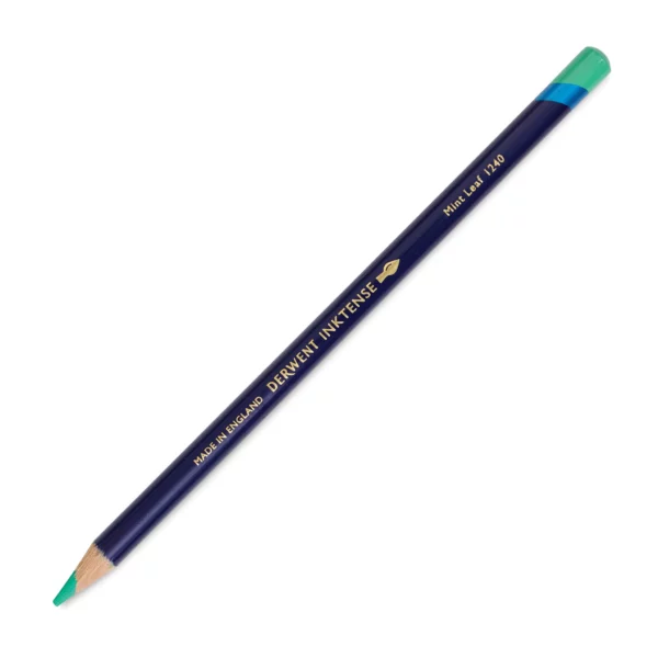 A single Mint Leaf Derwent Inktense Colour Pencil is shown diagonally across the center of the frame. The pencil is pointing with it's lead facing towards the bottom left hand corner. The barrel of the pencil is blue and the end of the pencil is colour dipped to match the colour of the lead for easy identification. There is text down the barrel of the pencil with the colour name and brand name. On a white background.