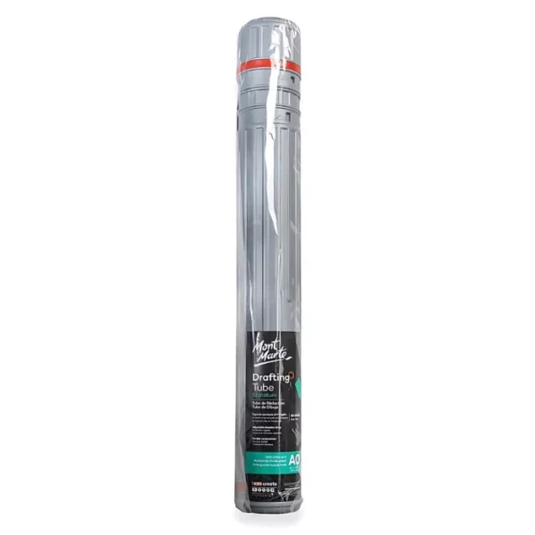 A single Mont Marte Drafting Tube can be seen standing vertically in the center of the frame. The tube is grey in colour and has a red and black strap to carry it. It is cello wrapped in a clear plastic. This image shows the front of the tube. There is a piece of paper printed with the logo and product details at the base of the tube. On a white background.