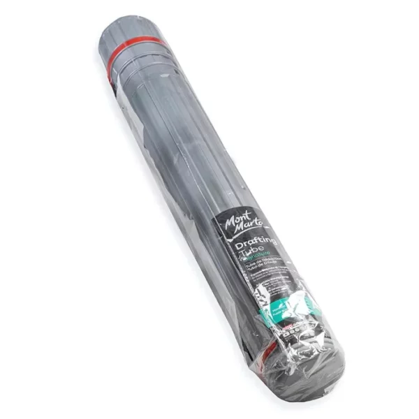 A single Mont Marte Drafting Tube can be seen laying angled across the the center of the frame. The tube is grey in colour and has a red and black strap to carry it. It is cello wrapped in a clear plastic. This image shows the front of the tube. There is a piece of paper printed with the logo and product details at the base of the tube. On a white background.