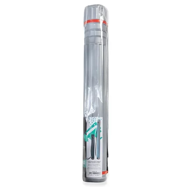 A single Mont Marte Drafting Tube can be seen standing vertically in the center of the frame. The tube is grey in colour and has a red and black strap to carry it. It is cello wrapped in a clear plastic. This image shows the front of the tube. There is a piece of paper printed with the logo and product details at the base of the tube. On a white background.