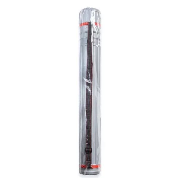 A single Mont Marte Drafting Tube can be seen standing vertically in the center of the frame. The tube is grey in colour and has a red and black strap to carry it. It is cello wrapped in a clear plastic. This image shows the back of the tube so you can see the black strap. On a white background.