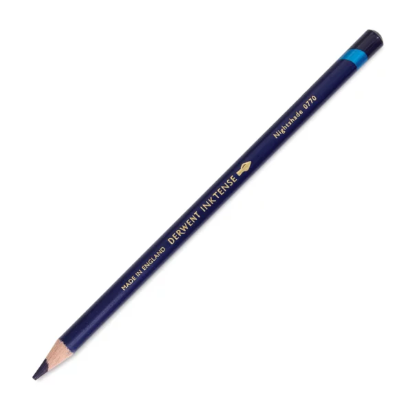 A single Nightshade Derwent Inktense Colour Pencil is shown diagonally across the center of the frame. The pencil is pointing with it's lead facing towards the bottom left hand corner. The barrel of the pencil is blue and the end of the pencil is colour dipped to match the colour of the lead for easy identification. There is text down the barrel of the pencil with the colour name and brand name. On a white background.