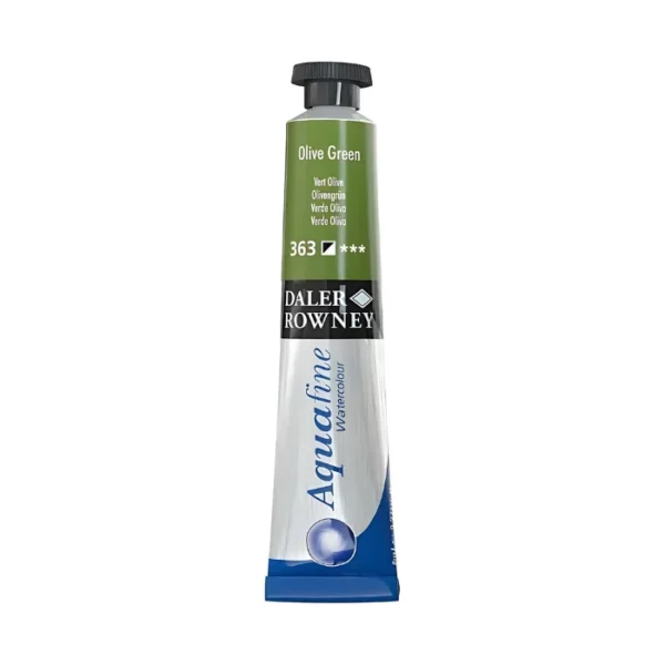 There is a single tube of Olive Green Daler Rowney Aquafine Watercolour standing vertically in the center of the frame. The tube is silver with a black screw on lid. The bottom of the tube has the blue Aquafine logo on it, then there is a black strip around the body of the tube with the Daler Rowney logo and above that is a colour strip which indicates the colour of the paint inside and has the colour details printed on it. The image is center of the frame and on a white background.