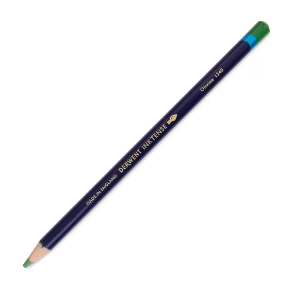 A single Olivine Derwent Inktense Colour Pencil is shown diagonally across the center of the frame. The pencil is pointing with it's lead facing towards the bottom left hand corner. The barrel of the pencil is blue and the end of the pencil is colour dipped to match the colour of the lead for easy identification. There is text down the barrel of the pencil with the colour name and brand name. On a white background.