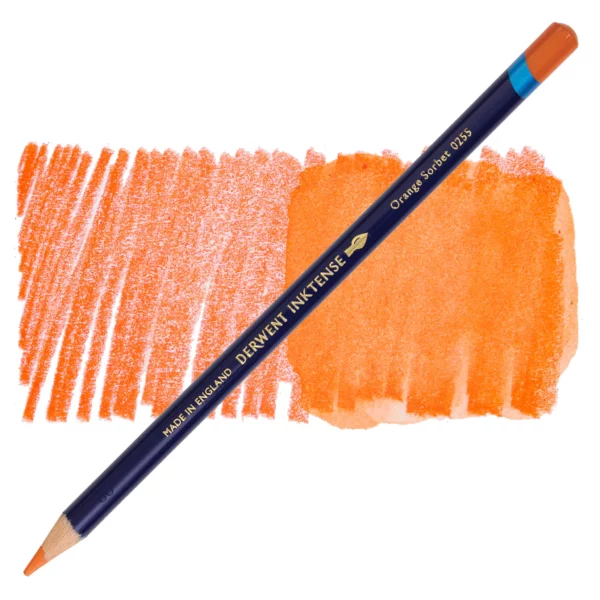 A single Orange Sorbet Derwent Inktense Colour Pencil is shown diagonally across the center of the frame. The pencil is pointing with it's lead facing towards the bottom left hand corner. The barrel of the pencil is blue and the end of the pencil is colour dipped to match the colour of the lead for easy identification. There is text down the barrel of the pencil with the colour name and brand name. There is a colour swatch of the pencil in the background, that runs horizontally across the center of the frame. The image is center of the frame and on a white background.