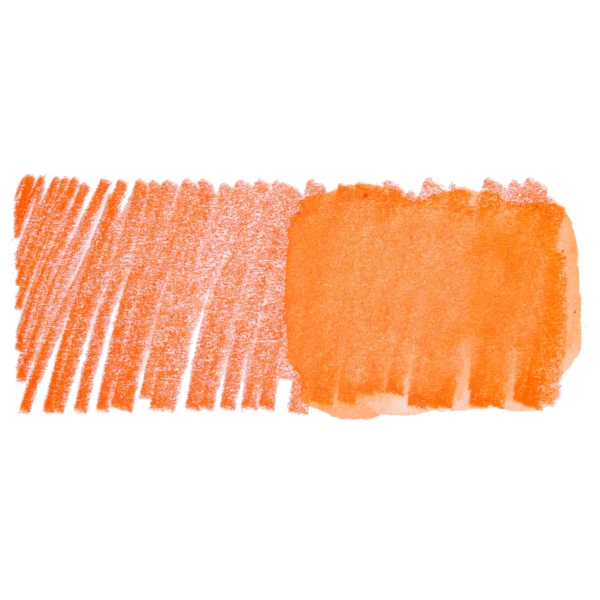 A swatch of a Orange Sorbet Derwent Inktense Colour Pencil can be seen horizontally, across the center of the frame. On a white background.