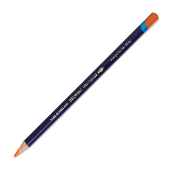 A single Orange Sorbet Derwent Inktense Colour Pencil is shown diagonally across the center of the frame. The pencil is pointing with it's lead facing towards the bottom left hand corner. The barrel of the pencil is blue and the end of the pencil is colour dipped to match the colour of the lead for easy identification. There is text down the barrel of the pencil with the colour name and brand name. On a white background.