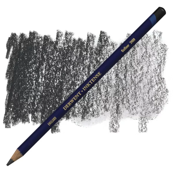 A single Outliner Derwent Inktense Colour Pencil is shown diagonally across the center of the frame. The pencil is pointing with it's lead facing towards the bottom left hand corner. The barrel of the pencil is blue and the end of the pencil is colour dipped to match the colour of the lead for easy identification. There is text down the barrel of the pencil with the colour name and brand name. There is a colour swatch of the pencil in the background, that runs horizontally across the center of the frame. The image is center of the frame and on a white background.