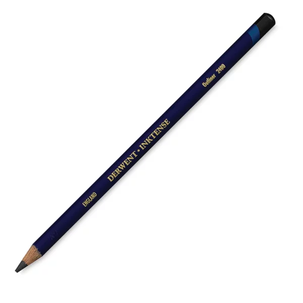 A single Outliner Derwent Inktense Colour Pencil is shown diagonally across the center of the frame. The pencil is pointing with it's lead facing towards the bottom left hand corner. The barrel of the pencil is blue and the end of the pencil is colour dipped to match the colour of the lead for easy identification. There is text down the barrel of the pencil with the colour name and brand name. On a white background.