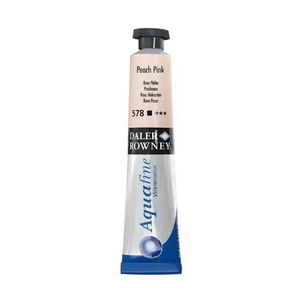 There is a single tube of Peach Pink Daler Rowney Aquafine Watercolour standing vertically in the center of the frame. The tube is silver with a black screw on lid. The bottom of the tube has the blue Aquafine logo on it, then there is a black strip around the body of the tube with the Daler Rowney logo and above that is a colour strip which indicates the colour of the paint inside and has the colour details printed on it. The image is center of the frame and on a white background.