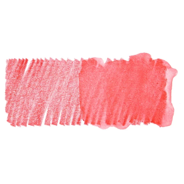 A swatch of a Persian Red Derwent Inktense Colour Pencil can be seen horizontally, across the center of the frame. On a white background.