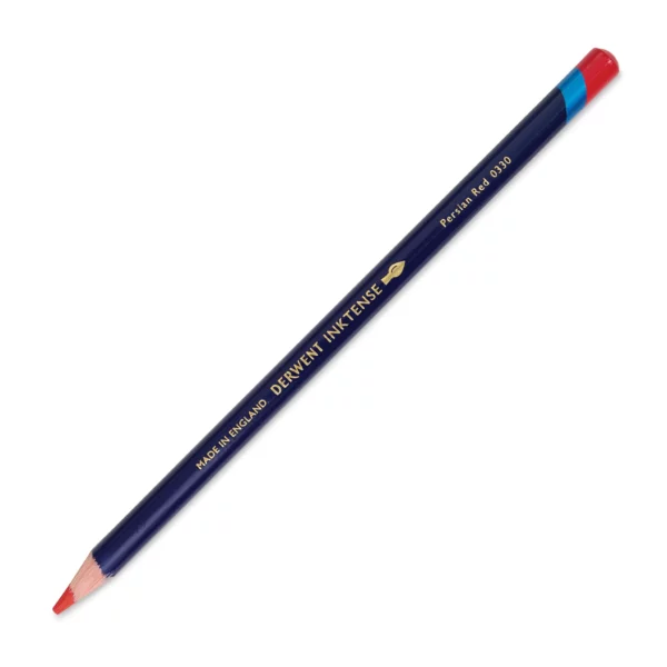 A single Persian Red Derwent Inktense Colour Pencil is shown diagonally across the center of the frame. The pencil is pointing with it's lead facing towards the bottom left hand corner. The barrel of the pencil is blue and the end of the pencil is colour dipped to match the colour of the lead for easy identification. There is text down the barrel of the pencil with the colour name and brand name. On a white background.