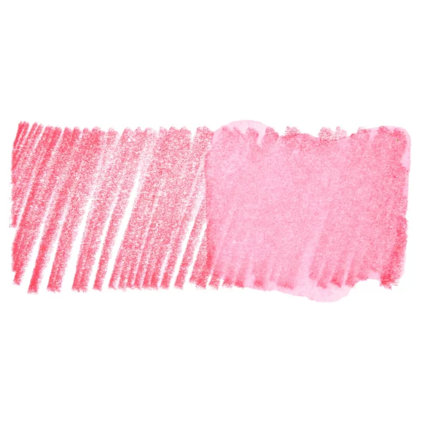 A swatch of a Pink Flamingo Derwent Inktense Colour Pencil can be seen horizontally, across the center of the frame. On a white background.