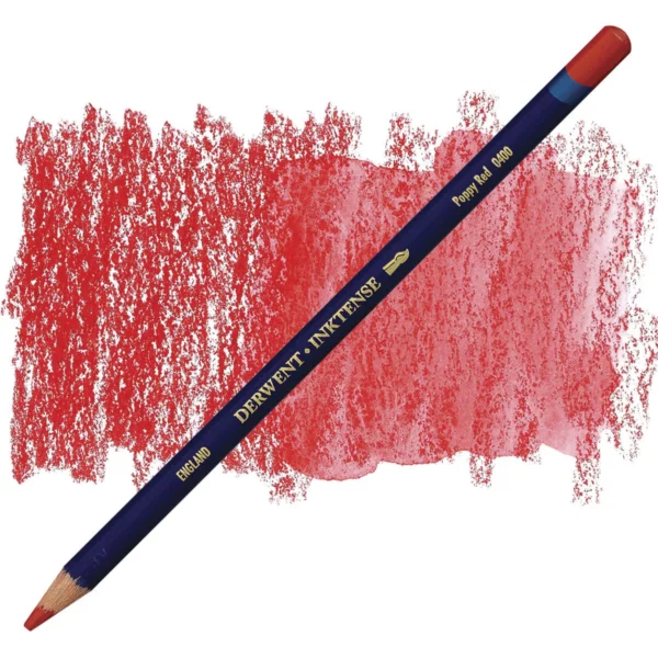 A single Poppy Red Derwent Inktense Colour Pencil is shown diagonally across the center of the frame. The pencil is pointing with it's lead facing towards the bottom left hand corner. The barrel of the pencil is blue and the end of the pencil is colour dipped to match the colour of the lead for easy identification. There is text down the barrel of the pencil with the colour name and brand name. There is a colour swatch of the pencil in the background, that runs horizontally across the center of the frame. The image is center of the frame and on a white background.