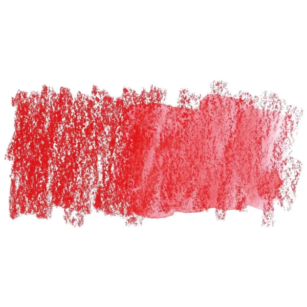 A swatch of a Poppy Red Derwent Inktense Colour Pencil can be seen horizontally, across the center of the frame. On a white background.