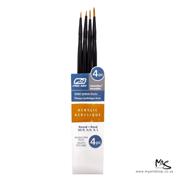 A single Pro-Art Acrylic Brush Set 4 piece is shown vertically in the center of the frame. The paint brushes are seen coming out of the pouch with the bristles facing the top of the frame. The image is center of the frame and on a white backlground.