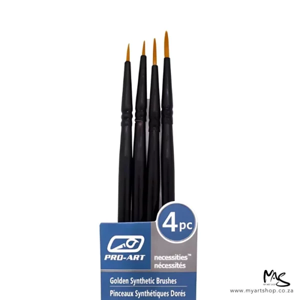 A close up of the brushes from the Pro-Art Acrylic Brush Set, so you can see the bristles and handles clearer. The bristles are facing the top of the frame and only part of the packaging can be seen at the bottom of the frame. The image is center of the frame and on a white background.