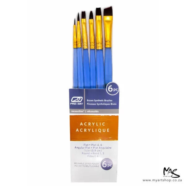 A single Pro-Art Acrylic Brush Set 6 piece is shown vertically in the center of the frame. The paint brushes are seen coming out of the pouch with the bristles facing the top of the frame. The image is center of the frame and on a white backlground.