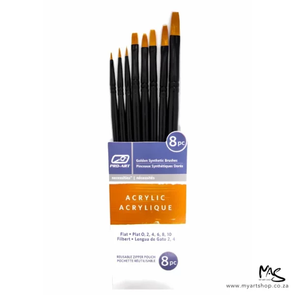 A single Pro-Art Acrylic Brush Set 8 piece is shown vertically in the center of the frame. The paint brushes are seen coming out of the pouch with the bristles facing the top of the frame. The image is center of the frame and on a white background.