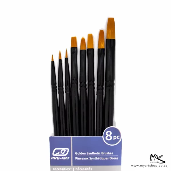 A close up of the brushes from the Pro-Art Acrylic Brush Set, so you can see the bristles and handles clearer. The bristles are facing the top of the frame and only part of the packaging can be seen at the bottom of the frame. The image is center of the frame and on a white background.