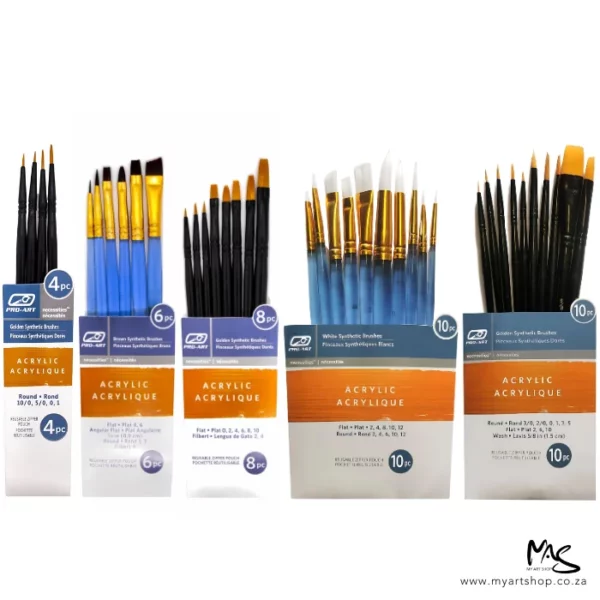 There are 5 different Pro Art Acrylic Brush Sets in the frame. They are lined up next to each other, horizontally, across the center of the frame. The set on the left has 4 brushes and the one next to it has 6, then 8 and 2 sets of 10 towards the right hand side of the frame. The image is center of the frame and on a white background.