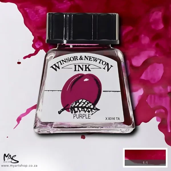 A single bottle of Purple Winsor & Newton Drawing Ink can be seen in the center of the frame, with ink in the background, in the top right hand corner of the frame, flowing into the frame. The ink is the colour of the ink inside the bottle. The bottle is a clear glass bottle and so you can see the colour of the ink inside. There is a black, plastic screw on lid and a label stuck to the front of the bottle with the brand name and logo on it. There is a small rectangular colour block with a sample of the ink colour in a 1:1 ratio, in the bottom right hand corner of the frame.