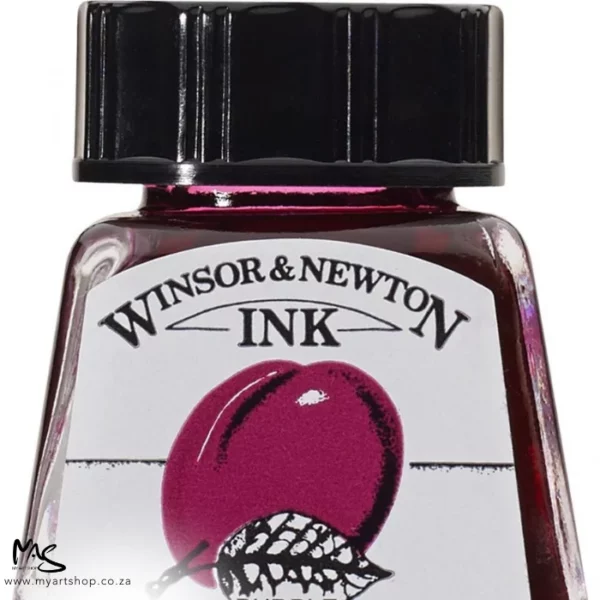 A close up of a single bottle of Purple Winsor & Newton Drawing Ink. The bottom of the bottle is cut off by the frame. The bottle is clear glass so you can see the colour of the ink inside, with a black screw on plastic lid. There is a label on the front of the bottle with the brand logo.