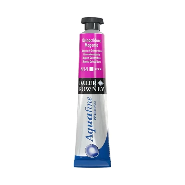 There is a single tube of Quinacridone Magenta Daler Rowney Aquafine Watercolour standing vertically in the center of the frame. The tube is silver with a black screw on lid. The bottom of the tube has the blue Aquafine logo on it, then there is a black strip around the body of the tube with the Daler Rowney logo and above that is a colour strip which indicates the colour of the paint inside and has the colour details printed on it. The image is center of the frame and on a white background.