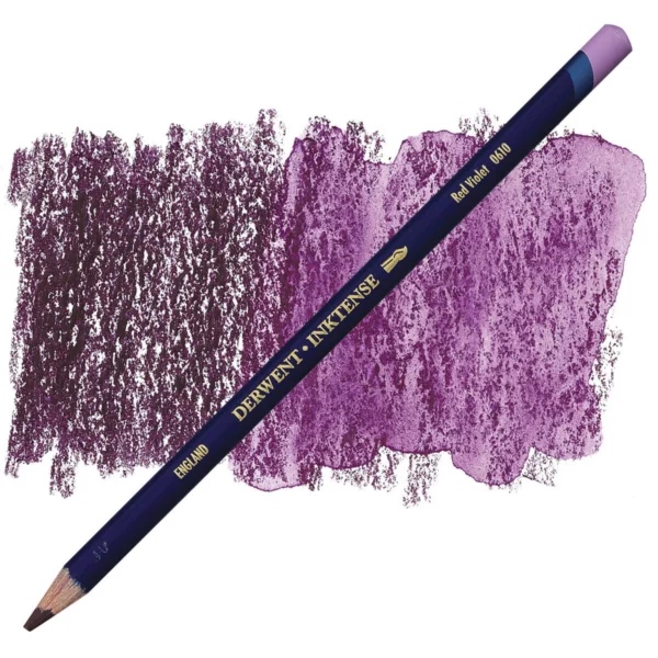 A single Red Violet Derwent Inktense Colour Pencil is shown diagonally across the center of the frame. The pencil is pointing with it's lead facing towards the bottom left hand corner. The barrel of the pencil is blue and the end of the pencil is colour dipped to match the colour of the lead for easy identification. There is text down the barrel of the pencil with the colour name and brand name. There is a colour swatch of the pencil in the background, that runs horizontally across the center of the frame. The image is center of the frame and on a white background.