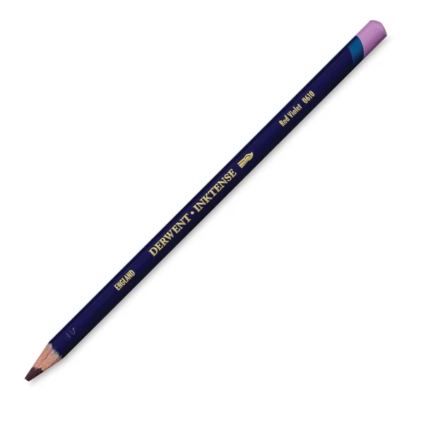 A single Red Violet Derwent Inktense Colour Pencil is shown diagonally across the center of the frame. The pencil is pointing with it's lead facing towards the bottom left hand corner. The barrel of the pencil is blue and the end of the pencil is colour dipped to match the colour of the lead for easy identification. There is text down the barrel of the pencil with the colour name and brand name. On a white background.