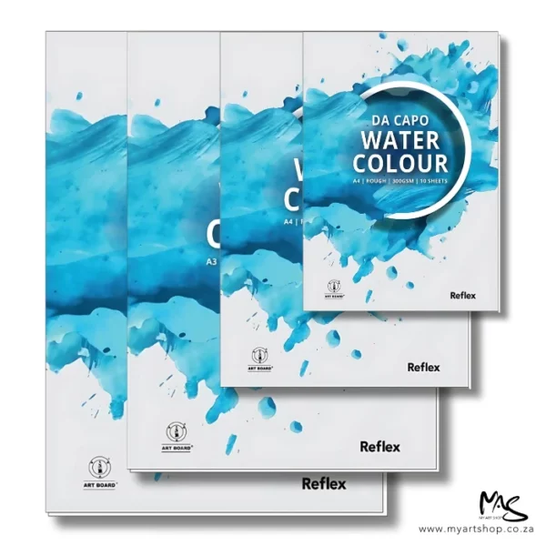 There are 4 different sized Reflex Da Capo Watercolour Pads shown in the center of the frame, stacked one on top oft he other, slightly staggered, with the largest pad at the back and the smallest pad at the front. Each pad is white and has bright blue splashes of colour on the cover. There is a half white circle outline in the top center of the pad, with the words 'Da Capo Water colour' inside the circle. The image is center of the frame and on a white background.