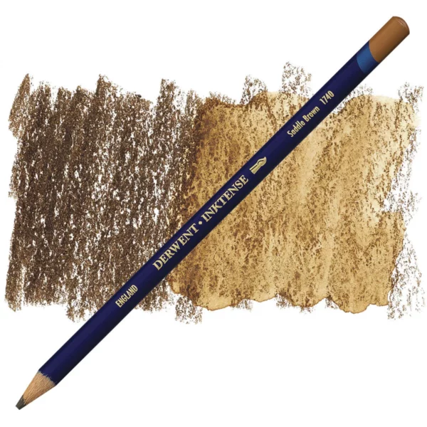 A single Saddle Brown Derwent Inktense Colour Pencil is shown diagonally across the center of the frame. The pencil is pointing with it's lead facing towards the bottom left hand corner. The barrel of the pencil is blue and the end of the pencil is colour dipped to match the colour of the lead for easy identification. There is text down the barrel of the pencil with the colour name and brand name. There is a colour swatch of the pencil in the background, that runs horizontally across the center of the frame. The image is center of the frame and on a white background.