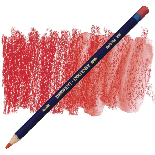 A single Scarlet Pink Derwent Inktense Colour Pencil is shown diagonally across the center of the frame. The pencil is pointing with it's lead facing towards the bottom left hand corner. The barrel of the pencil is blue and the end of the pencil is colour dipped to match the colour of the lead for easy identification. There is text down the barrel of the pencil with the colour name and brand name. There is a colour swatch of the pencil in the background, that runs horizontally across the center of the frame. The image is center of the frame and on a white background.