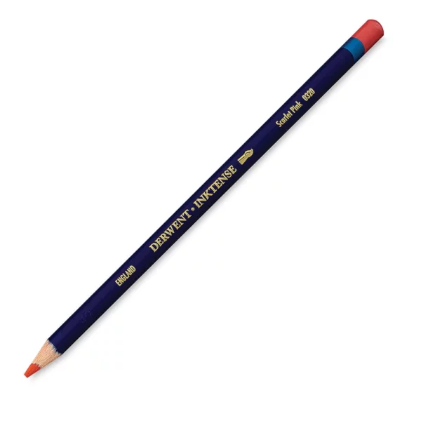 A single Scarlet Pink Derwent Inktense Colour Pencil is shown diagonally across the center of the frame. The pencil is pointing with it's lead facing towards the bottom left hand corner. The barrel of the pencil is blue and the end of the pencil is colour dipped to match the colour of the lead for easy identification. There is text down the barrel of the pencil with the colour name and brand name. On a white background.