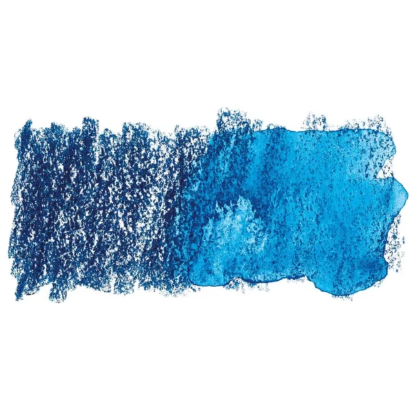 A swatch of a Sea Blue Derwent Inktense Colour Pencil can be seen horizontally, across the center of the frame. On a white background.