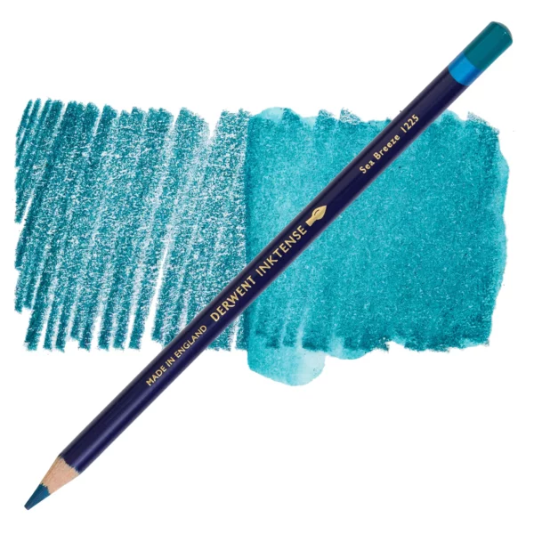 A single Sea Breeze Derwent Inktense Colour Pencil is shown diagonally across the center of the frame. The pencil is pointing with it's lead facing towards the bottom left hand corner. The barrel of the pencil is blue and the end of the pencil is colour dipped to match the colour of the lead for easy identification. There is text down the barrel of the pencil with the colour name and brand name. There is a colour swatch of the pencil in the background, that runs horizontally across the center of the frame. The image is center of the frame and on a white background.