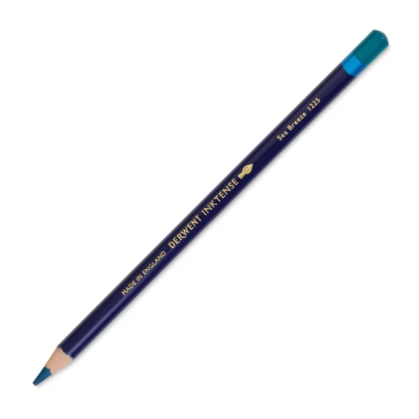 A single Sea Breeze Derwent Inktense Colour Pencil is shown diagonally across the center of the frame. The pencil is pointing with it's lead facing towards the bottom left hand corner. The barrel of the pencil is blue and the end of the pencil is colour dipped to match the colour of the lead for easy identification. There is text down the barrel of the pencil with the colour name and brand name. On a white background.