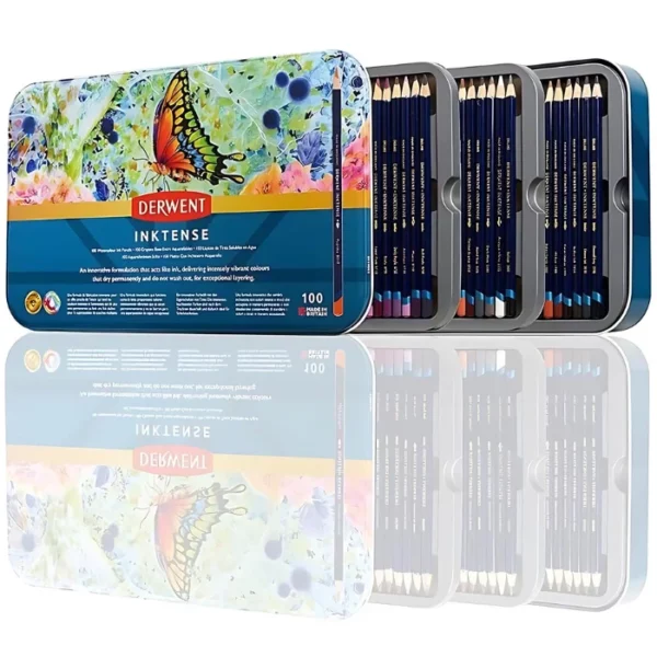 A single Set of 100 Derwent Inktense Pencils is shown, open, in the center of the frame horizontally. You can see the 3 trays of pencils that make up the set. The lid of the set is at the front. The lid has a picture of a brightly coloured butterfly on an abstract background. The pencils have a blue barrel and a colour dipped end that indicates the colour of the pencil lead. There are 100 pencils. There is a reflection of the set underneath. On a white background.